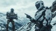 © SHOTPRIME STUDIO - futuristic robot, soldier in snowy landscape, technology, sci fi concept, dramatic cold colors, mountainous terrain, advanced machinery, exploration, adventure