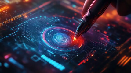 Leinwandbilder - A hand uses a stylus to interact with a glowing, futuristic interface with a circle design, representing technology, innovation, and digital interaction.