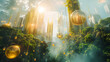 © AI Art - A photograph of a futuristic floating city suspended above a lush rainforest, with golden skyscrapers rising towards a bright azure sky