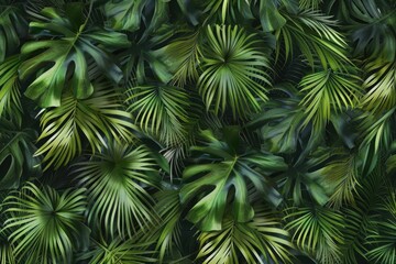 Poster - A bunch of green palm leaves arranged on a wall, great for interior design or tropical themed decoration