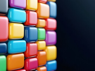 Fototapete - A colorful arrangement of block-like shapes, creating a vibrant pattern against a dark background, showcasing depth and texture.