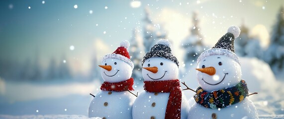 Wall Mural - snowmen standing in winter christmas landscape.winter background.