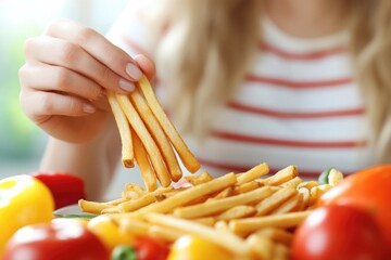 Poster - A woman enjoying a snack of french fries and tomatoes, great for food or lifestyle shots