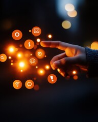 Poster - A hand points towards glowing icons representing digital communication and technology in a darkened setting.