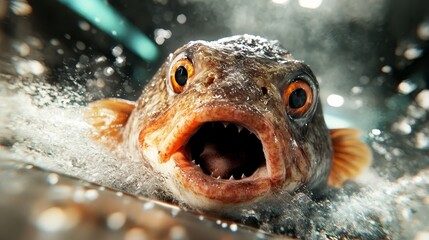 Wall Mural - A close up of a fish with its mouth open in the water