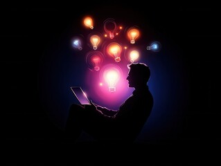 Poster - A silhouette of a person reading, surrounded by colorful light bulbs symbolizing creativity and ideas in a dark space.
