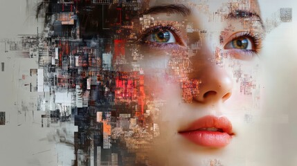 Poster - A woman's face is half obscured by a mosaic of colorful, abstract blocks.