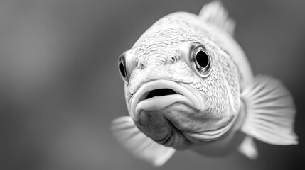 Wall Mural - A black and white photo of a fish with its mouth open