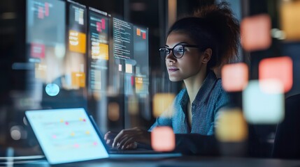 Poster - A young woman sits in front of multiple computer screens, working late at night. She is focused on her work, and the screen's glow illuminates her face.