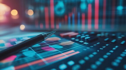 Aufkleber - A pen rests on a financial report with a calculator and a blurred background of financial charts.