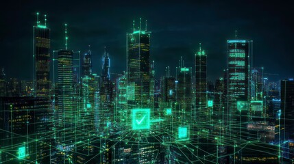 Aufkleber - Futuristic Cityscape Illuminated by Green Digital Glow: High-Tech Metropolis at Night Depicting Connectivity, Network Infrastructure, and Cyberpunk Aesthetic in an Urban Setting