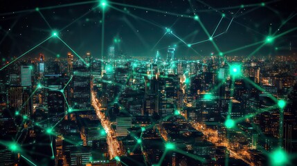 Aufkleber - A futuristic cityscape at night with glowing green lines connecting buildings, symbolizing the internet and data flow.