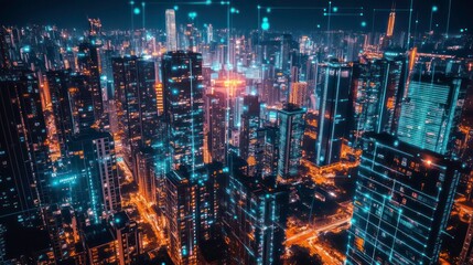 Poster - A futuristic cityscape at night with glowing lines connecting buildings, representing digital connectivity and the internet of things.