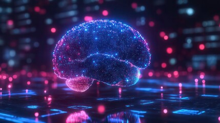 Poster - A glowing, digital representation of the human brain, consisting of particles and light, sits on a digital surface with a colorful bokeh background.