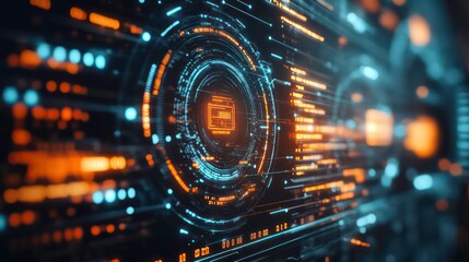 Poster - Abstract futuristic technology background with glowing digital lines and circular interface.