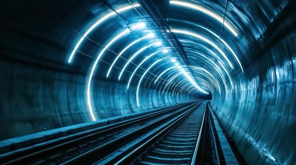Aufkleber - Futuristic tunnel with glowing lines and a train track in the center.