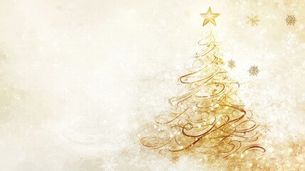 Aufkleber - A beautifully decorated golden Christmas tree stands tall, topped with a star, in a soft, dreamy winter backdrop featuring delicate snowflakes. The ambiance is festive and cheerful.