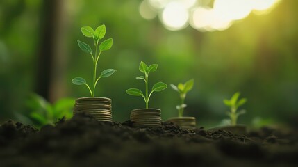 Aufkleber - Three small plants growing from stacks of coins in the dirt. The background is a blurry forest scene, with sun shining through the leaves.