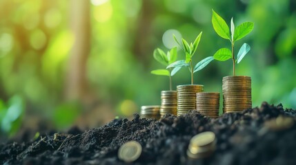 Aufkleber - Growing plants on stacks of coins symbolizing financial growth and sustainable investment in a green environment.