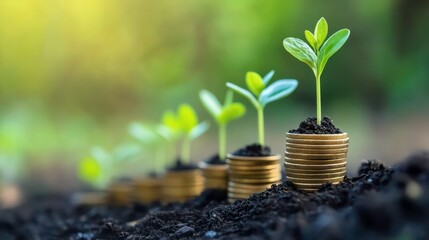 Aufkleber - A row of five young plants growing in soil on top of stacks of gold coins, symbolizing financial growth.
