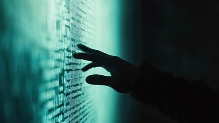 Aufkleber - A hand reaches out to touch a wall of code, illuminated by a green light.