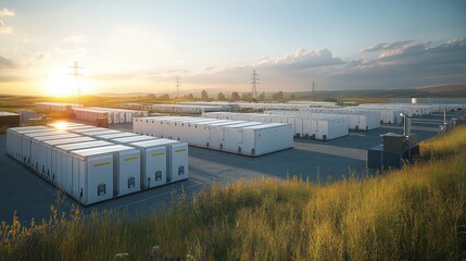 A large battery energy storage system with a setting sun behind it.