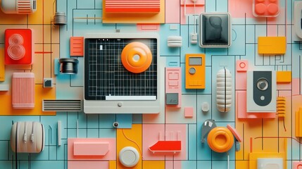 Abstract geometric pattern with colorful shapes and 3D objects on a blue background.