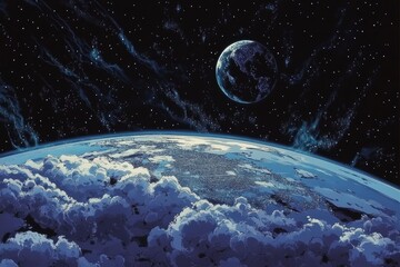 Majestic view of Earth from deep space, modern comic book art style