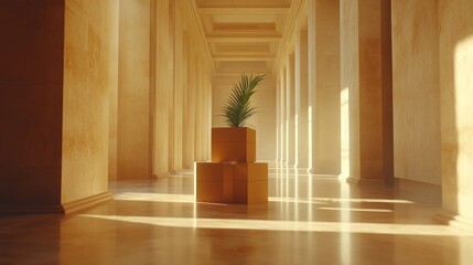 Wall Mural - A single plant sits on top of stacked cardboard boxes in a sunlit hallway with columns.