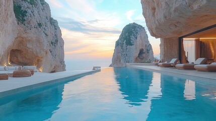 Wall Mural - Infinity pool overlooking the ocean at sunset between two cliffside caves.