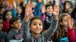 © Rere_Art151 - Young girl with hand raised in a classroom setting, surrounded by other children.