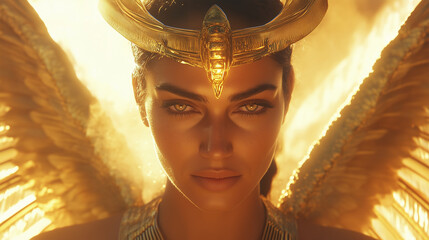 Wall Mural - The goddess Isis with a radiant golden headdress, her serene expression and wings softly illuminated by sunlight