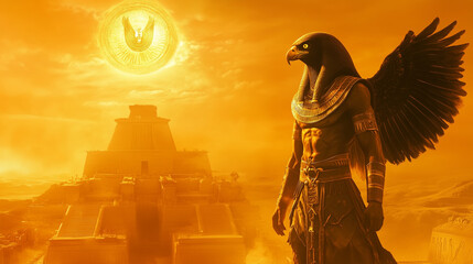 Wall Mural - A full-length image of Ra, the sun god, with a glowing sun disk above his falcon head and intense, regal posture