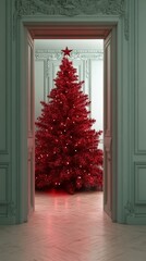 Canvas Print - Elegant Christmas room featuring a decorated tree illuminated with warm lights, viewed through a doorway, next to a cozy red armchair