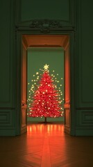 Canvas Print - Elegant Christmas room featuring a decorated tree illuminated with warm lights, viewed through a doorway, next to a cozy red armchair