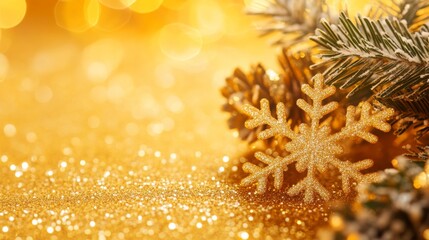 Aufkleber - A close-up view of shimmering gold decorations for the winter holidays featuring sparkling snowflakes, evergreen branches, and a glittery background that captures the festive spirit of the season.