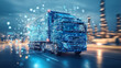 © bornmedia - A blue truck on the road, with data and technology elements floating