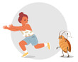 © Siberian Art - Frightened little girl child cartoon character escaping cockroach pest feeling fear and screaming vector illustration. Children entomophobia concept