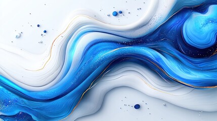 Wall Mural - Abstract blue and white liquid with gold lines and dots.