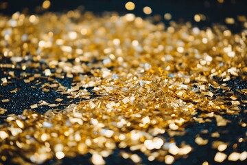 Wall Mural - radiant golden glitter and shimmering particles floating in beams of warm light, creating a sparklin