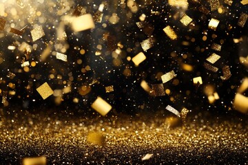 Wall Mural - radiant golden glitter and shimmering particles floating in beams of warm light, creating a sparklin