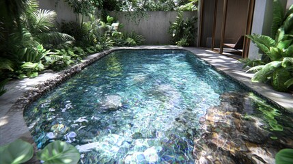 Wall Mural - Tranquil Backyard Pool with Lush Greenery.