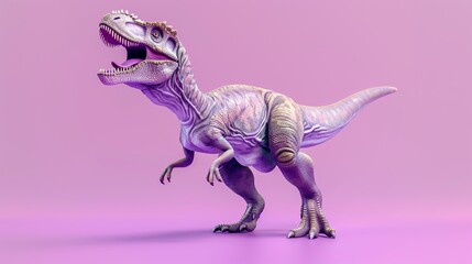 A purple and white dinosaur stands on a pink background, its mouth open in a roar.