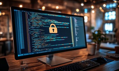 A close-up image of a computer monitor displaying secure software development code with a prominent padlock symbol, representing secure coding