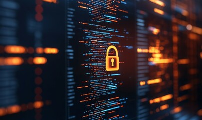 A close-up image of a computer monitor displaying secure software development code with a prominent padlock symbol, representing secure coding