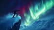 © Stefan - snowboarder performing a gravity-defying trick off a cliff, framed by the aurora borealis and starry sky, with sparkling snow under moonlight