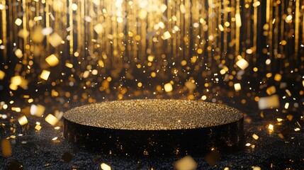 Poster - A gold platform sits in the middle of the frame, surrounded by falling gold confetti. The background is a blurred image of gold streamers with a soft, glowing light.