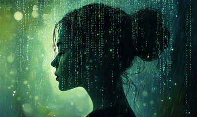woman's profile with binary code falling like rain around her
