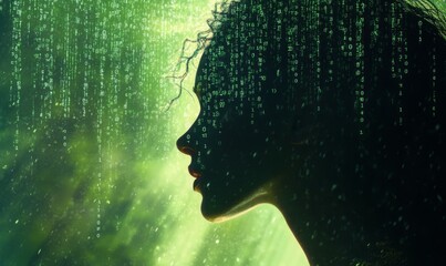 woman's profile with binary code falling like rain around her