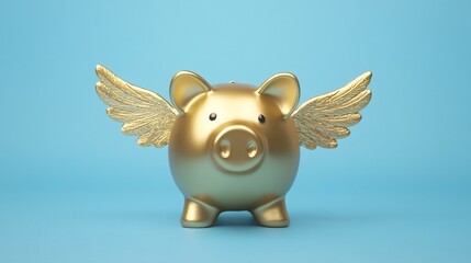 Golden piggy bank with wings attached, symbolizing financial freedom, isolated on a sky-blue background